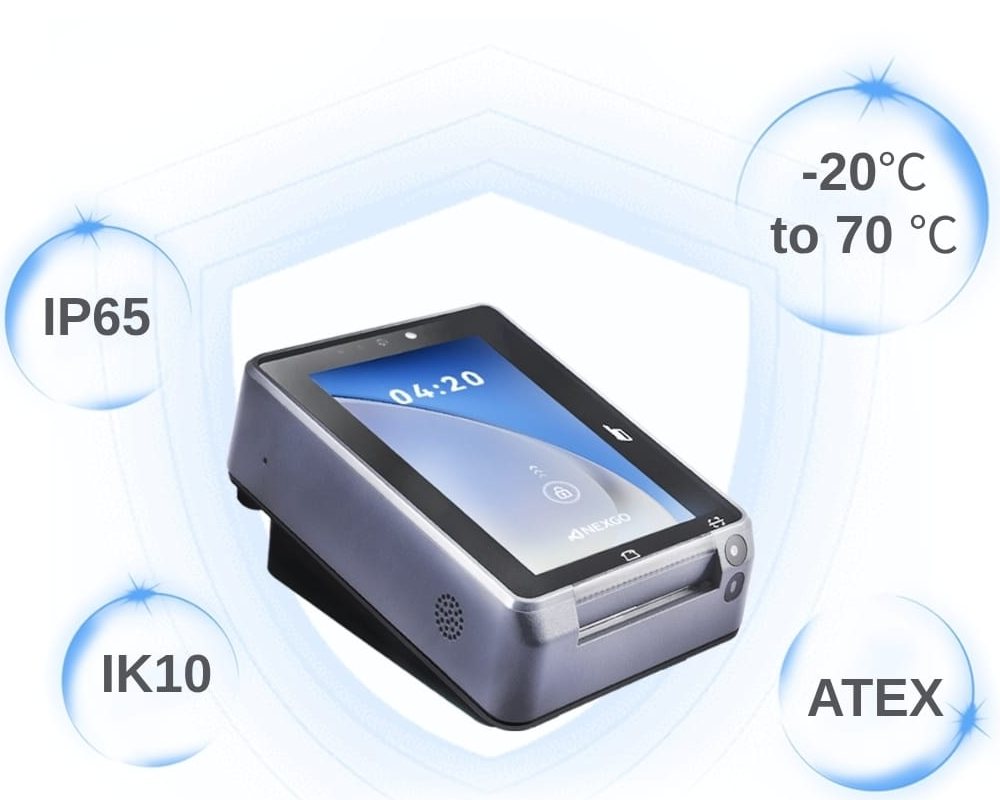 NEXGO'nun UN20 için kendi teknik görseli: cihazın çevresinde IP65, IK10, ATEX ve −20 °C…70 °C çalışma aralığı