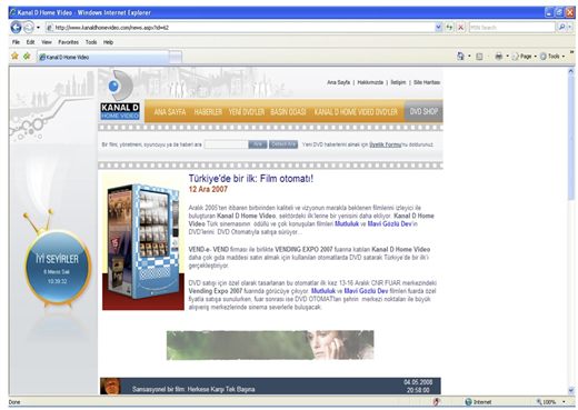The customer's own website, 12 December 2007: "together with VEND-e-VEND" — Kanal D Home Video naming its own supplier