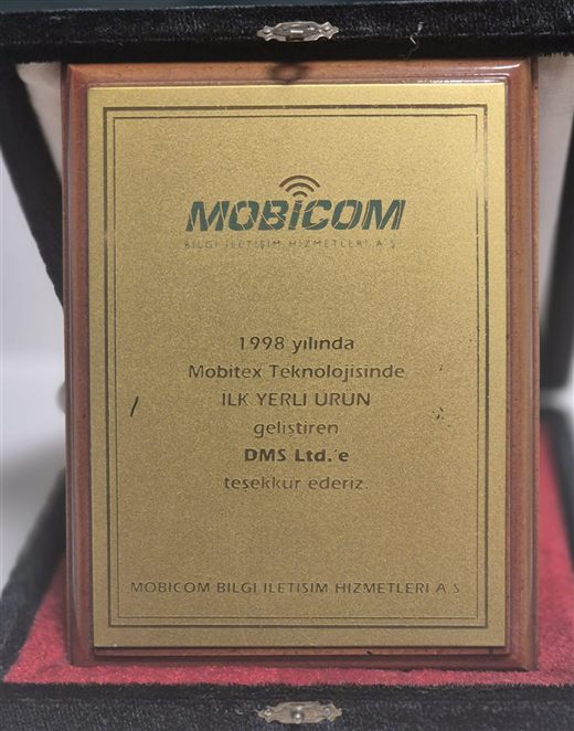 1998 award plaque from the Mobitex network operator to DMS Ltd. for the first homegrown product on the network