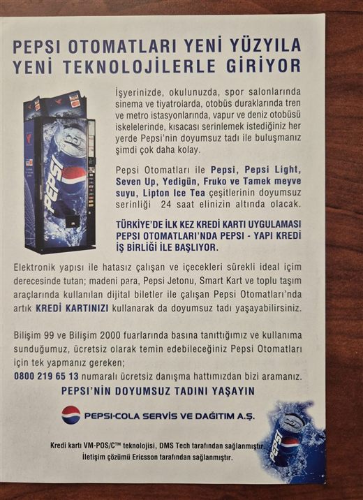 Pepsi's launch leaflet: "Credit card VM-POS/C technology supplied by DMS Tech", with the Pepsi–Yapı Kredi partnership announcement