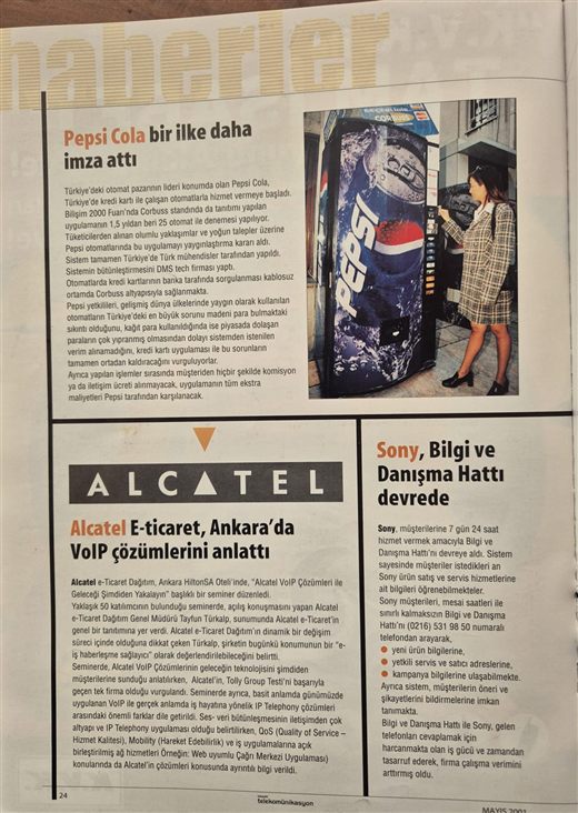Telepati magazine, June 2001 — the article on Pepsi's card-paying vending machines, naming DMS tech as the integrator